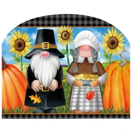 Thanksgiving Gnomes Acrylic Art Sign with pilgrim gnomes, sunflowers, pumpkins, and plaid details.