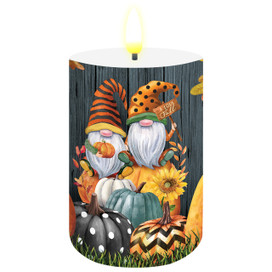 Fall Gnomes flameless candle with autumnal gnomes and pumpkins design on a cylindrical white candle.