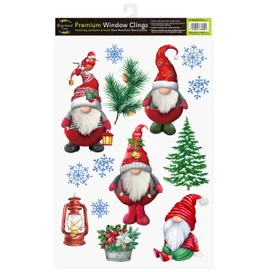 Winter Gnomes Window Clings, red gnomes, snowflakes, pine trees, and lantern on a white background.
