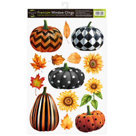 Patterned Pumpkins Autumn Window Clings, various designs, orange, black, and white colors, fall themed stickers.