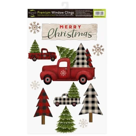Merry Christmas Pickup Truck Window Clings, red truck, green and plaid trees, snowflakes on white background.