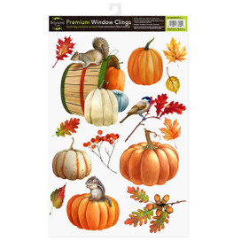 Fall Pumpkin Gathering Window Clings with pumpkins, leaves, birds, and squirrels on a white background.