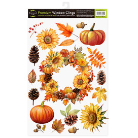 Welcome Fall Wreath Window Clings with autumn leaves, pumpkins, and flowers in orange and yellow hues.