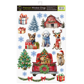 Holiday Cheer Dogs Window Clings, festive dog-themed Christmas window stickers with dogs, trees, and gifts.