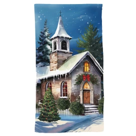 Holy Night Cotton Hand Towel with snowy church and Christmas tree festive design.