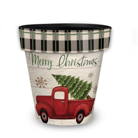 Merry Christmas Pickup Truck medium planter with red truck and tree on rustic white background.