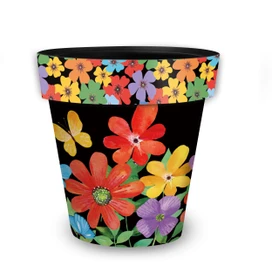 Whimsy Flowers Medium Planter, black with colorful floral design and vibrant red, orange, yellow, purple flowers.