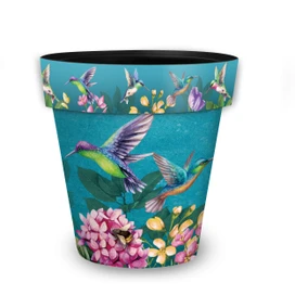 Springtime Hummingbirds Medium Planter with colorful hummingbirds, flowers, and green leaves on turquoise background.