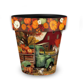 Autumn Farm Medium Planter with green truck, pumpkins, and fall scenery design on ceramic pot.