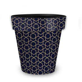 Blue geometric medium planter with gold lines forming hexagons on a navy background.