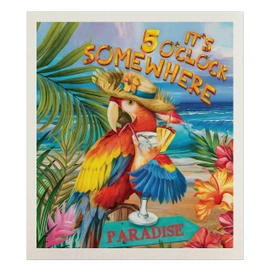 5 O'clock Paradise Summer Swedish Dish Cloth with colorful tropical beach design and parrot illustration.