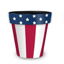 American Flag Medium Planter, red white blue colors, stars on blue band, ceramic or plastic material.