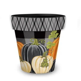 Medium Checkered Pumpkins Planter with black, white and orange pumpkins and green leaves design.