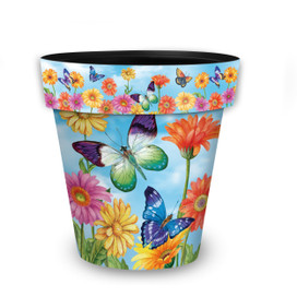 Fluttering Butterflies Medium Planter with colorful butterflies and flowers on a blue background.