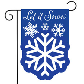 Dancing Snowflakes Burlap Garden Flag with white snowflakes and text on blue background, let it snow.