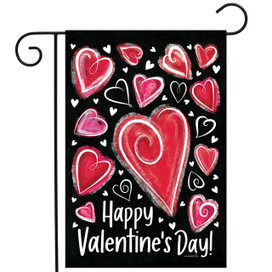 Valentine Heart Dance Garden Flag with red hearts and Happy Valentine's Day text on black background.