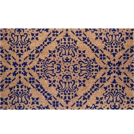 Blue Damask Coir Doormat, 30 x 48 inches, natural fiber with blue damask design pattern.