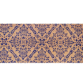 Extra large coir doormat with blue damask design on natural fiber, 24 x 60 inches.