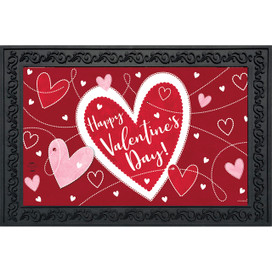Red Heart Toss Doormat with white and pink hearts and Happy Valentine's Day text.