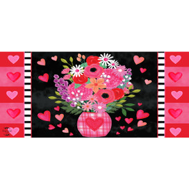 Hearts and Flowers Mini Mat with pink flowers and hearts on a black background.