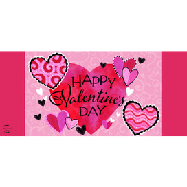 Patterned Valentine's Hearts Mini Mat with colorful hearts and Happy Valentine's Day text on pink background.