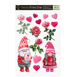 Valentines Gnomes Window Clings, red and pink gnomes, roses, and hearts on white background stickers.