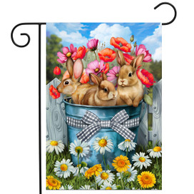 Bucket of Bunnies Garden Flag with colorful flowers and bunnies in a blue metal bucket.