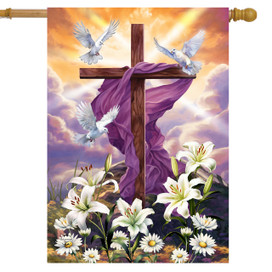 Sunrise Easter Cross House Flag with purple cloth, white lilies, daisies, and doves on cross.