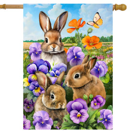 Spring Bunny Trio House Flag with three brown bunnies and colorful flowers and butterfly outdoor decor.