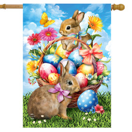 Springtime Bunnies House Flag with colorful eggs, bunnies, flowers, and butterflies on a blue background.