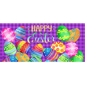 Colorful Easter eggs with patterns on purple background with Happy Easter text on mini holiday mat.