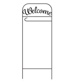 Wrought iron welcome arbor with cursive "Welcome" on top, black metal decorative garden sign.