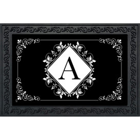 Black and white monogram doormat with floral design and large letter A in center.