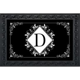 Black and white monogram doormat with D letter, floral design on black background with white accents.