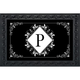 Black and white monogram doormat with floral design and letter P on a white diamond background.