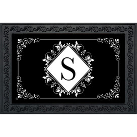 Black and white monogram doormat with floral design and large letter S on white diamond background.