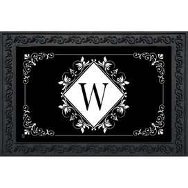 Black and white monogram doormat with large W, floral design, and decorative border.