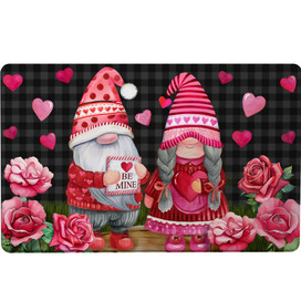 Valentines Gnomes Comfort Mat with pink gnomes, hearts, and roses on black plaid background.