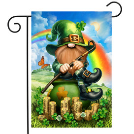 Lucky Irish Gnome Garden Flag with green hat, rainbow, and gold coins outdoors decoration accessory.