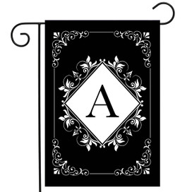 Black and white monogram garden flag with A, floral design on double-sided material.