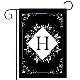 Black and white monogram garden flag with H, double-sided, floral design on rectangular fabric banner.