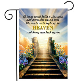 Stairway To Heaven Garden Flag with stone staircase, flowers, and inspirational quote on a colorful background.
