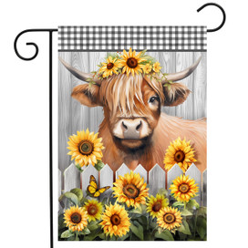 Highland Cow Garden Flag with brown cow, sunflowers, and butterfly on white picket fence background.