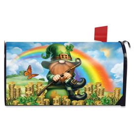 Lucky Irish Gnome Mailbox Cover with green hat, rainbow, coins, and orange butterfly design.
