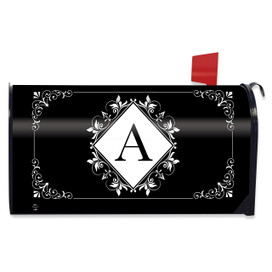 Black and white monogram A mailbox cover with floral design on a white background.