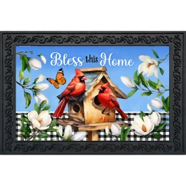 Bless This Home Cardinal Doormat with birds, butterfly, and flowers on a black and white background.