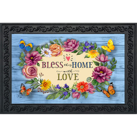 Bless This Home With Love doormat with colorful flowers, butterflies, and blue wooden background design.
