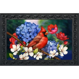 American Cardinal Doormat with red bird, blue hydrangeas, and white flowers in ornate black frame.