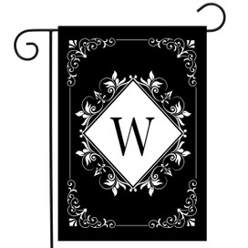 Black and white monogram garden flag with "W", double-sided, floral design on white background.