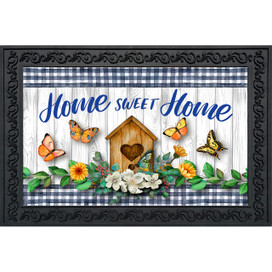 Country Home Sweet Home Doormat with butterflies, flowers, and heart-shaped birdhouse on wood background.